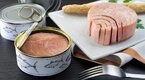 A whole canned tuna on a plate A whole canned tuna on a plate