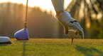 Golfer placing his golf ball on the tee from the box Golfer placing his golf ball on the tee from the box